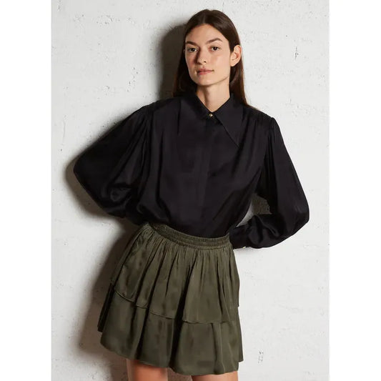 CHARLENE - Black Straight satin shirt with classic collar