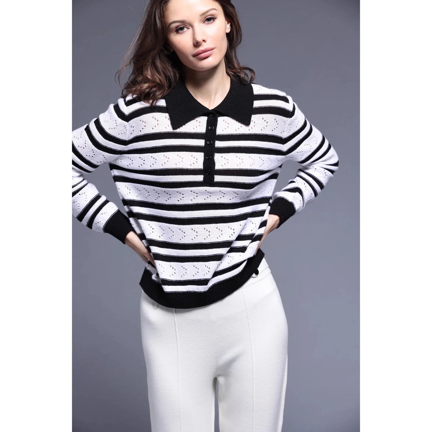 Cotton Cashmere Striped Pointelle Polo