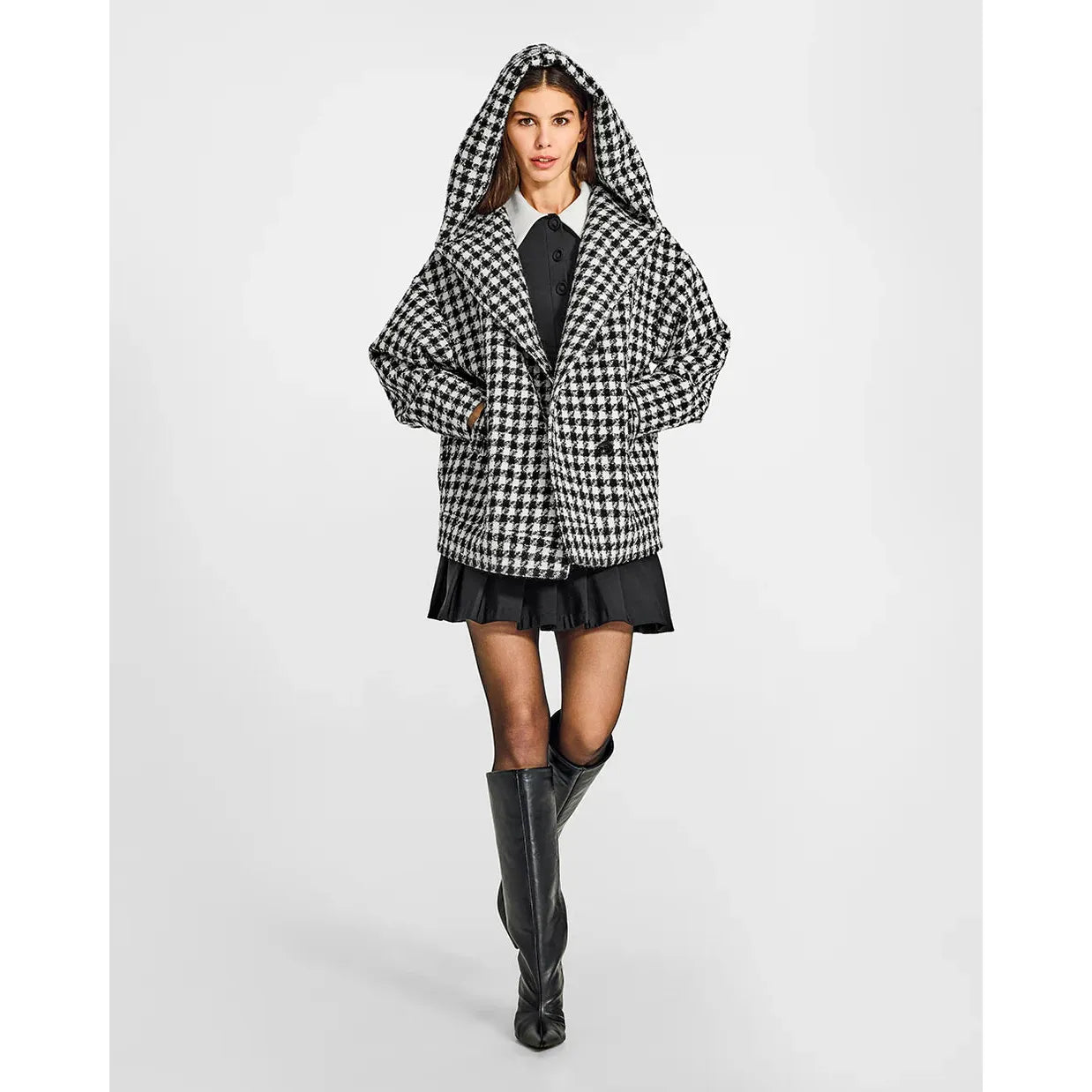 Tweed Houndstooth Suri Alpaca Oversized Hooded Jacket